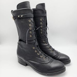 Miista Angela Combat Boots Womens 7.5 Black Mid Calf Panther Clasp Medieval Goth